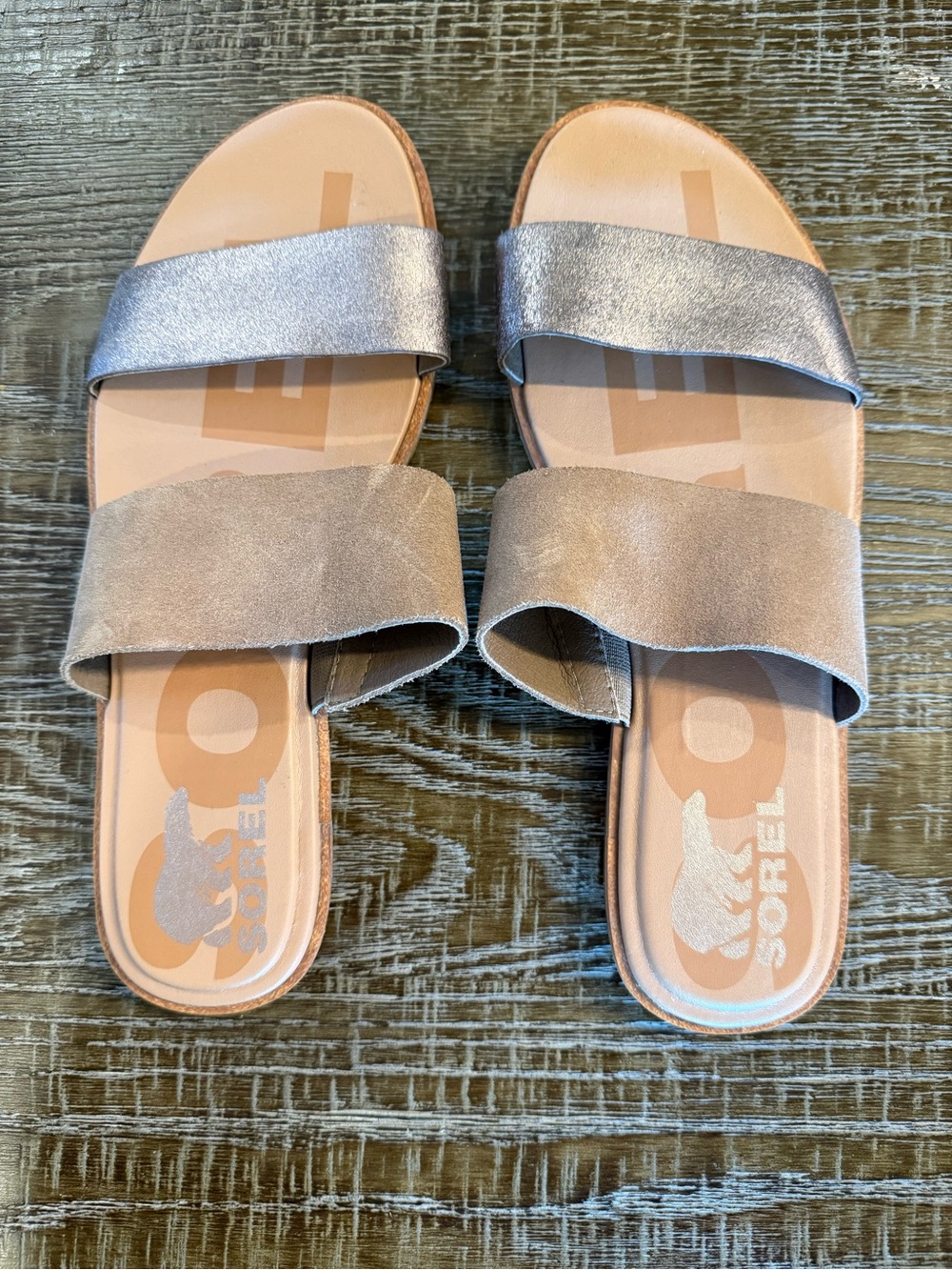 Sorel Women's Two-Band Slide Sandal in Metallic Silver and Taupe